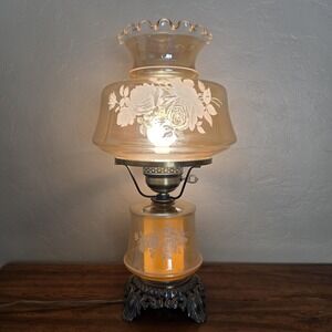 VTG Amber Marigold Luster Iridescent Glass Gone with The Wind Floral 3-Way Lamp
